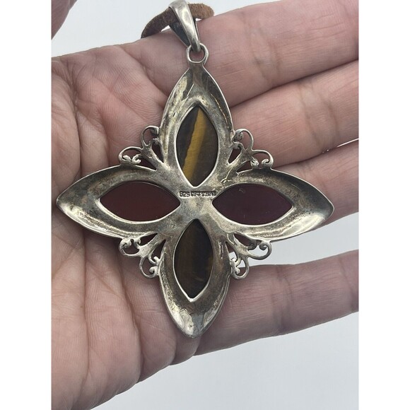 925 GFJ THAI Sterling Silver Tigers Eye & Carnelian Agate Pendant Necklace - Picture 6 of 7